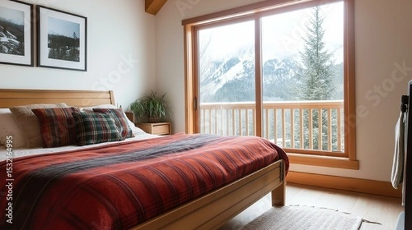 Obraz Bedroom with a large window that offers a beautiful view of the mountains. the window has a wooden frame and is open, allowing natural light to enter the room.
