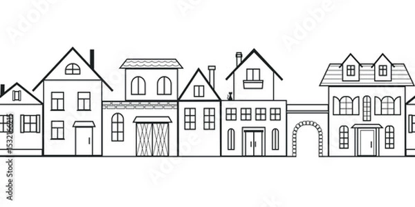 Fototapeta Small town street drawn with contour black lines, transparent seamless vector pattern, wallpaper print, packaging design