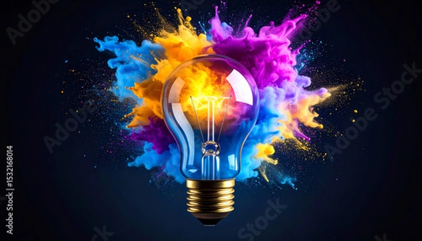 Fototapeta A vibrant light bulb surrounded by colorful splashes of paint, symbolizing creativity and innovation against a dark background
