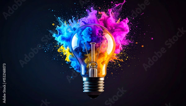 Fototapeta A vibrant light bulb bursts with colorful splashes of blue, purple, and yellow against a dark background, symbolizing creativity and innovation