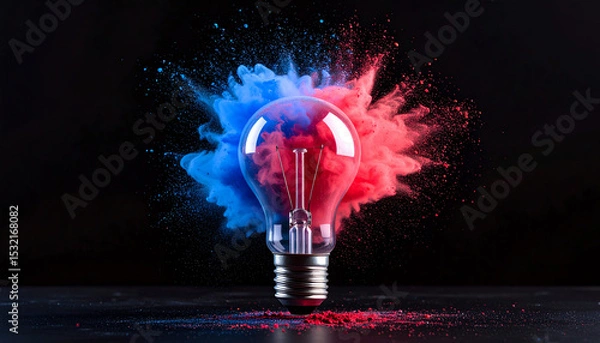 Fototapeta A light bulb surrounded by vibrant blue and red powder bursts, symbolizing creativity and innovation against a dark background