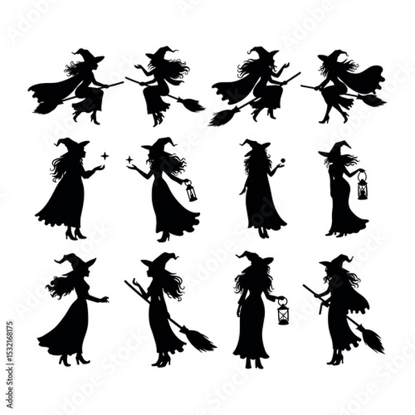Obraz Halloween Witch Silhouettes Collection – Flying Standing and Spellcasting Poses Halloween Silhouettes vector