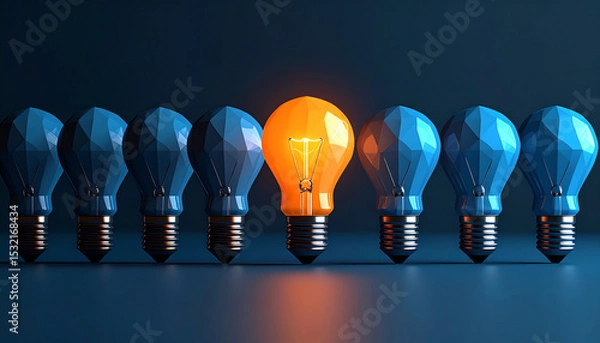 Fototapeta A row of blue light bulbs, with one glowing orange, symbolizes creativity and innovation against a dark background