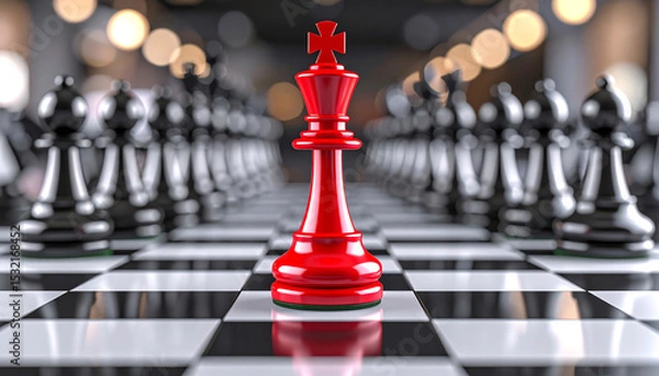 Fototapeta A striking image of a red king chess piece surrounded by black pawns on a checkerboard, symbolizing strategy and competition in the game of chess