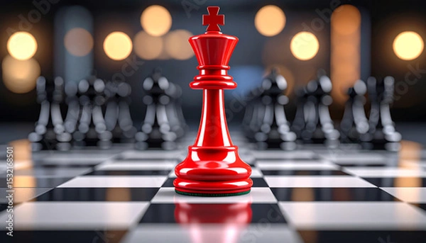 Fototapeta A striking red king chess piece stands out against a blurred background of black pieces and soft lights, symbolizing strategy and competition in a game of chess