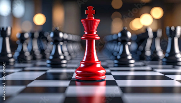 Fototapeta A striking red king chess piece stands out on a black and white chessboard, surrounded by black pieces, symbolizing strategy and competition