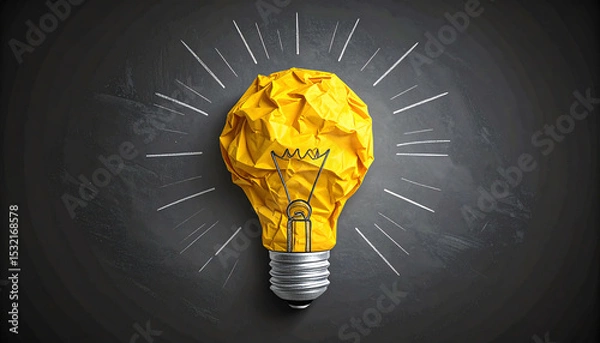 Fototapeta Crumpled yellow light bulb illustration with rays, symbolizing creativity and ideas in a modern design