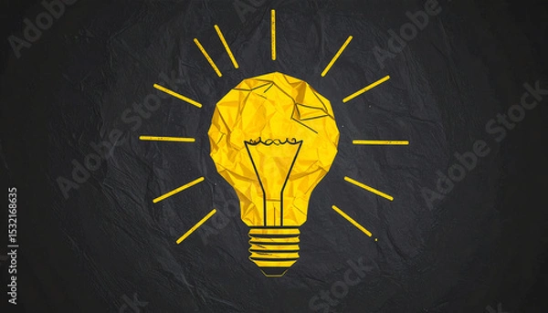 Fototapeta A bright, crumpled yellow light bulb with rays radiating from it, symbolizing creativity and innovative ideas against a textured black background
