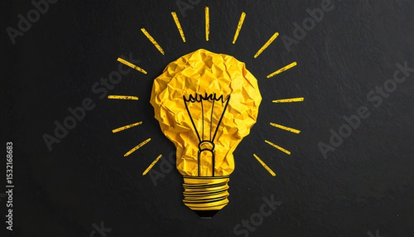 Fototapeta A creative depiction of a light bulb made from crumpled yellow paper, radiating bright lines on a dark background, symbolizing ideas and inspiration