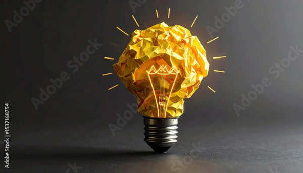 Fototapeta A crumpled yellow lightbulb emits a soft glow, symbolizing creativity and innovation against a dark background