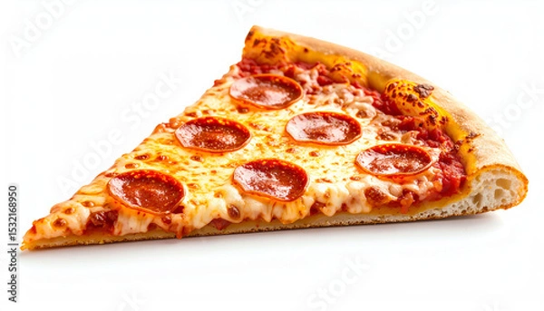 Fototapeta A delicious slice of pepperoni pizza with melted cheese on a crispy crust, showcasing appetizing toppings on a white background
