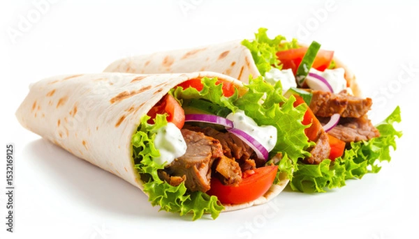 Fototapeta Delicious wraps filled with tender meat, fresh vegetables, and creamy sauce, all wrapped in soft flatbread, perfect for a quick meal