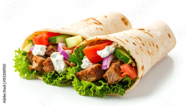 Fototapeta Delicious wraps filled with grilled meat, fresh vegetables, and creamy sauce, all wrapped in soft tortillas, showcasing vibrant colors and textures