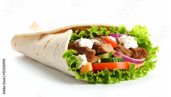 Fototapeta A delicious wrap filled with fresh lettuce, vegetables, and savory meat, showcasing a tempting blend of flavors and textures