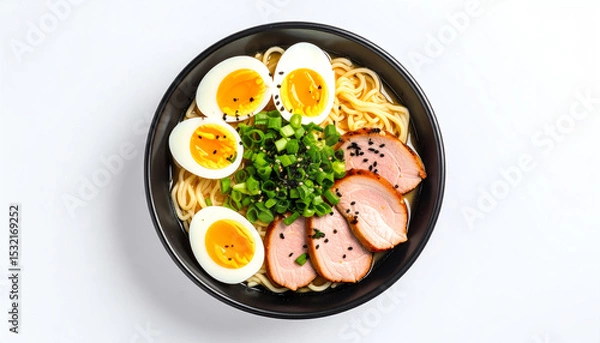 Fototapeta Delicious bowl of ramen featuring soft-boiled eggs, sliced pork, green onions, and noodles, all garnished with sesame seeds. A flavorful and hearty meal