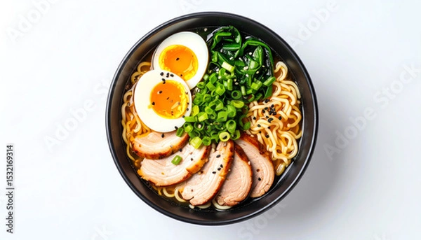 Fototapeta A delicious bowl of ramen featuring noodles, sliced pork, soft-boiled eggs, and fresh green toppings in a black bowl