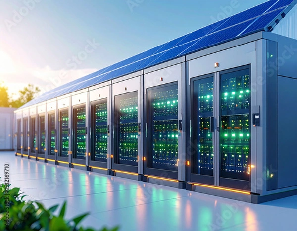 Fototapeta Solar Powered Data Center: Row of server racks with glowing lights, powered by solar panels on the roof, representing green technology and sustainable energy.