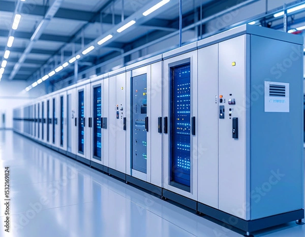 Fototapeta Data Center Equipment: An indoor perspective of a data center, highlighting a series of advanced technological cabinets containing various servers and networking hardware.