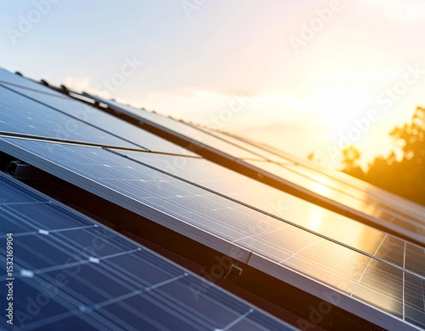 Obraz Solar Panel Array under Sun: Capturing the gleam of the sun and energy of innovation with an array of solar panels installed on the rooftop, transforming sunlight into a renewable energy source.