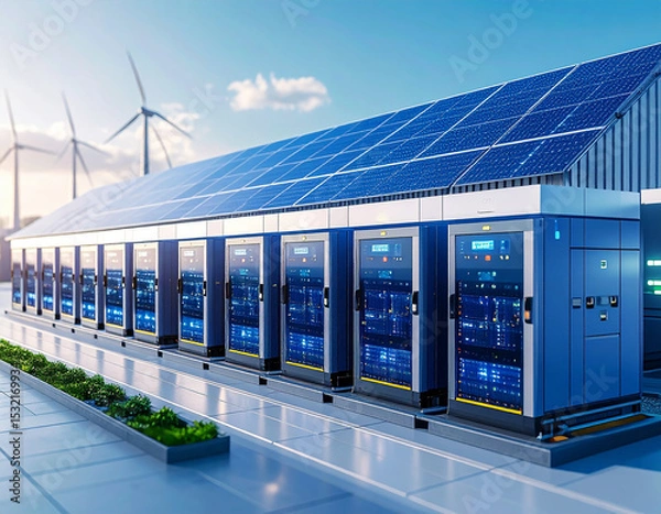 Fototapeta Eco-Friendly Power Station: A cutting-edge power station, harnessing the dual power of solar panels and wind turbines, showcases sustainable energy generation and environmental responsibility. 