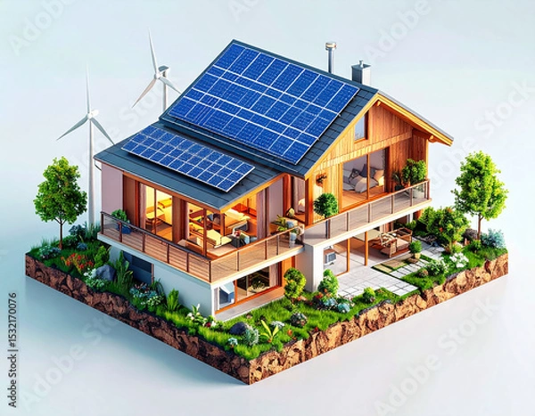 Fototapeta Eco-Friendly Home with Solar Panels: A modern home with solar panels and wind turbines represents sustainable living and renewable energy for a better environment future.