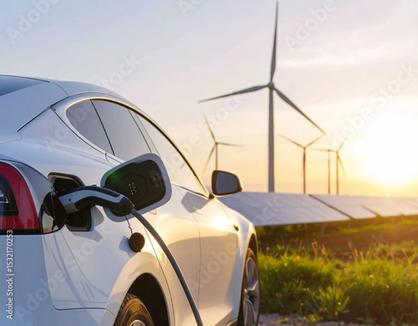 Fototapeta Electric Vehicle Charging in Renewable Landscape: A sleek, modern electric vehicle charges in a sustainable landscape, featuring wind turbines and solar panels.