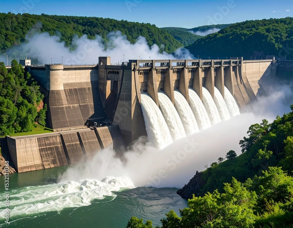 Fototapeta Hydro Power Marvel: Captivating view of a massive hydroelectric dam, a symphony of engineering and nature harmoniously coexisting, with water cascading powerfully.