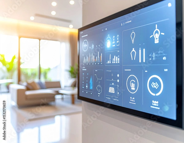 Fototapeta Smart Home Control Panel:  A sleek, modern smart home control panel displays an intuitive interface, managing lighting, temperature, and other home automation features.