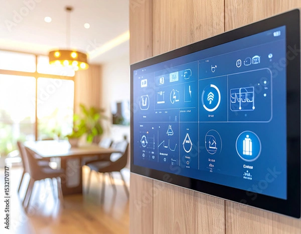 Fototapeta Smart Home Control Panel: A sleek, wall-mounted touch screen panel showcasing intuitive controls for a modern, connected home, blending technology and comfort in a contemporary living space.