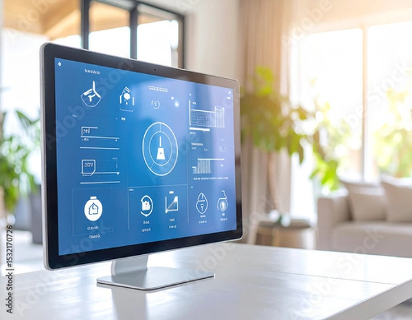 Fototapeta Smart Home Interface: A modern desktop computer displays a sleek, interactive interface showcasing smart home technology, highlighting energy efficiency, home automation, and convenient living.