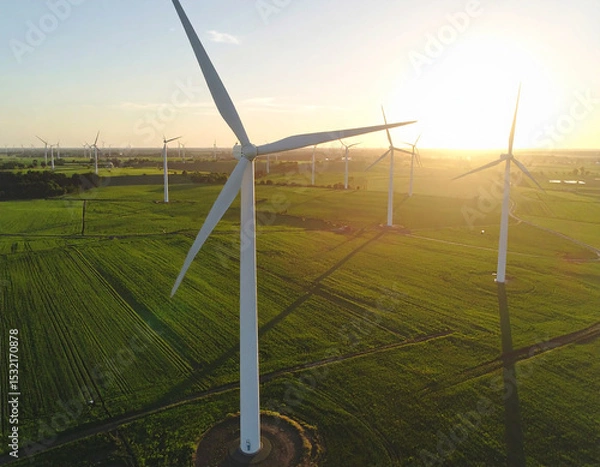 Fototapeta Wind Turbine Energy in Green Meadow: A picturesque scene showcasing wind turbines gracefully turning in a vast green field, bathed in the warm glow of a setting sun.