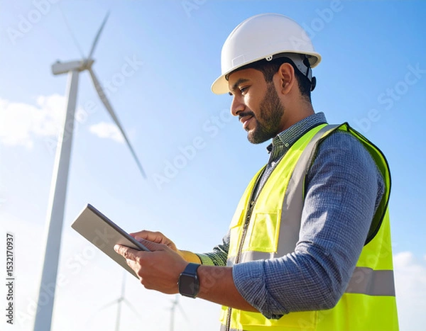 Fototapeta Wind Energy Technician: An engineer stands proudly, examining a tablet while a towering wind turbine looms large in the background, symbolizing renewable energy and technological advancement.