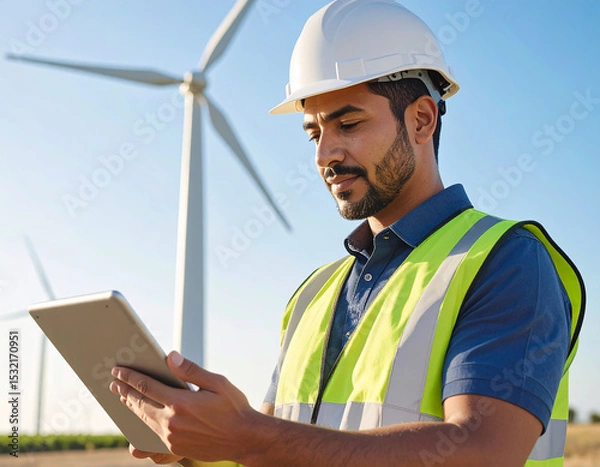 Fototapeta Wind Energy Technician: A focused male engineer examines data on a tablet, standing amidst a wind farm on a sunny day, showcasing the clean energy sector's technological advancements. 