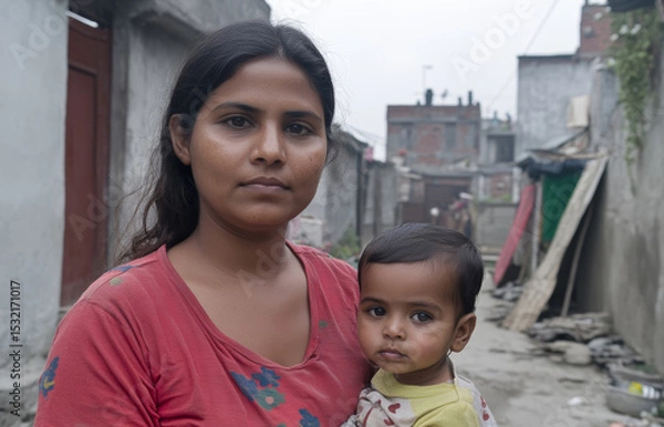 Fototapeta Mother holding infant child in a narrow alleyway, surrounded by urban buildings and debris, highlighting the challenges of family life in densely populated areas. World Population Day