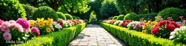 Obraz Neatly trimmed hedges, blooming flowerbeds, stone pathway , bed, flowerbed
