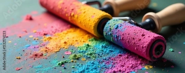 Obraz Paint rollers beside various paint bucket colors , texture, exterior
