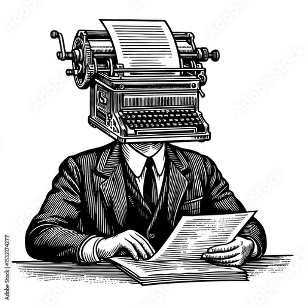 Fototapeta man in a suit with a typewriter for a head, symbolizing creativity or writing obsession sketch engraving generative ai fictional character PNG illustration. Scratch board. Black and white image.