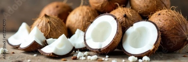 Obraz Pile of fresh coconut halves and slices, ready to use , tropical, halves