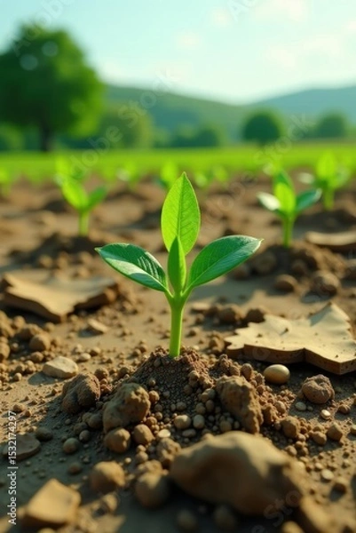 Obraz Parched land recovering with new plant growth, vibrant green shoots emerging, landscape transformation, climate change adaptation