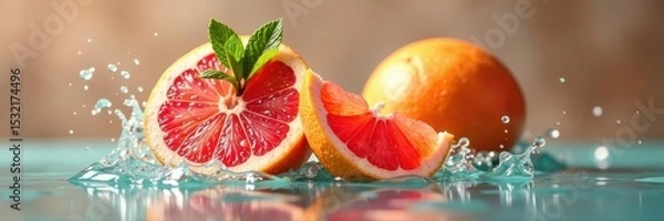 Obraz Refreshing grapefruit with mint, splashed water , vibrant, water splash