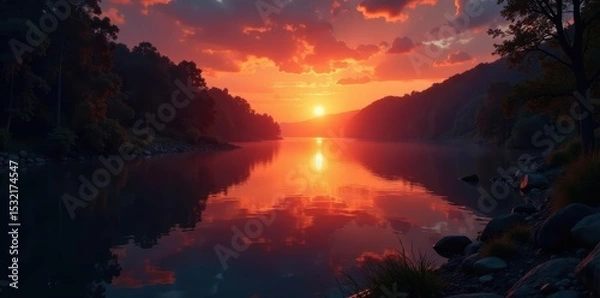 Obraz Romantic riverside scene, glowing embers, silhouettes, quiet, spring