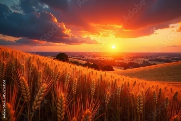 Obraz Rolling hills of ripe wheat under a fiery sunset , field, agriculture