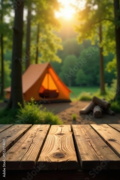 Obraz Rustic wooden table against blurred campsite scene, mockup, graphic