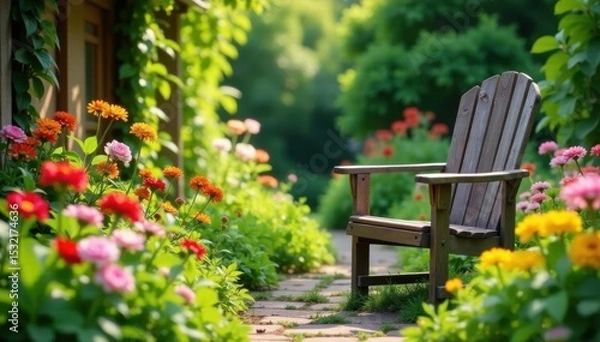 Obraz Rustic wooden chair in blooming cottage garden, path, nature