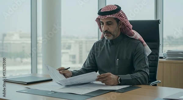 Fototapeta Focused Businessman Reviewing Documents in Modern Office