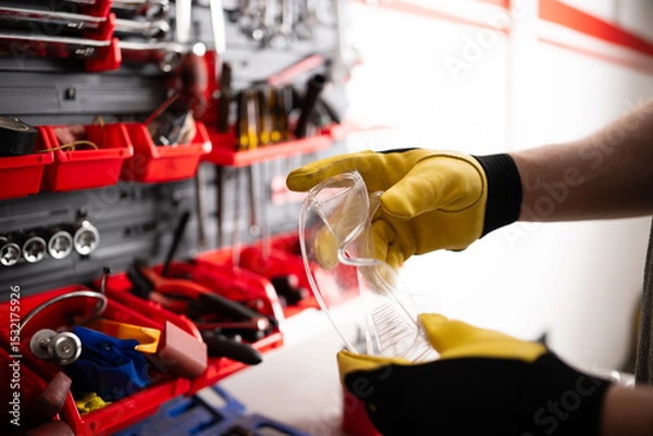 Fototapeta Mechanic Holding A Protective Googles In Hand