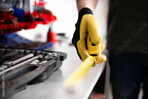 Fototapeta Auto Mechanic Holding Measuring Tape In Hands
