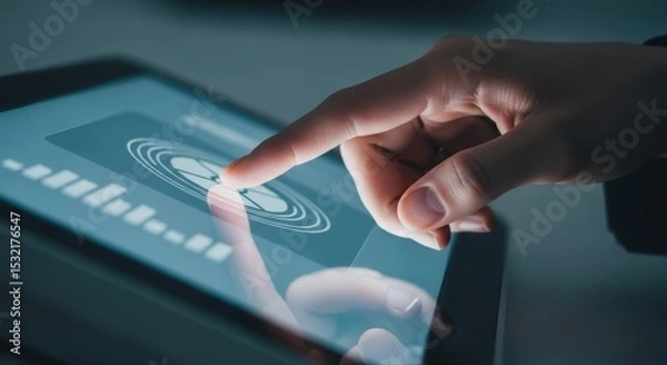 Fototapeta Hand touching digital tablet screen with graphic interface, technology.
