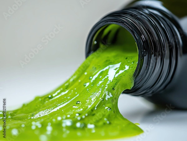 Fototapeta Close up image of vibrant green slime pouring from black container, showcasing its glossy and gooey texture. slime appears thick and shiny, creating playful and tactile visual