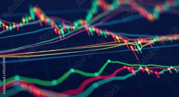 Fototapeta Financial data chart with lines and bars on a dark background.